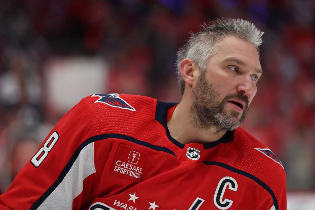 WASHINGTON, DC - APRIL 26: Alex Ovechkin #8 of the Washington Capitals looks on before playing against the New York Rangers in Game Three of the First Round of the 2024 Stanley Cup Playoffs at Capital One Arena on April 26, 2024 in Washington, DC. (Photo by Patrick Smith/Getty Images)
