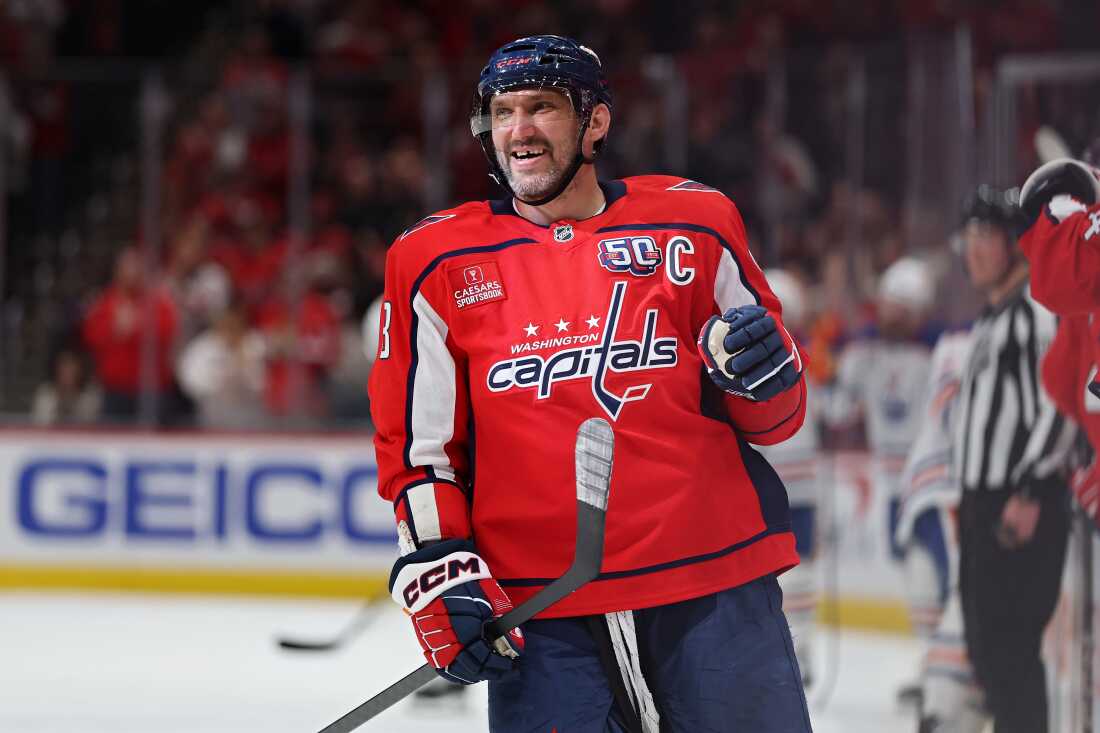 WASHINGTON, DC - FEBRUARY 23: Alex Ovechkin #8 of the Washington Capitals celebrates after teammate Jakob Chychrun scored a goal against the Edmonton Oilers during the first period at Capital One Arena on February 23, 2025 in Washington, DC. (Photo by Patrick Smith/Getty Images)