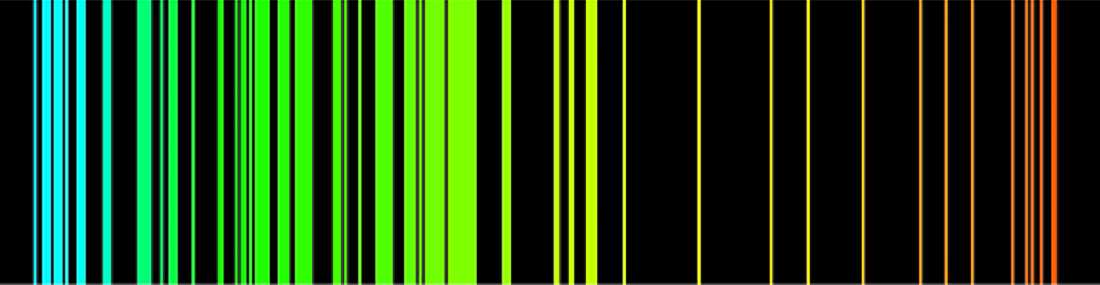 A section of Iron's atomic spectrum. Each element on the periodic table gives off a unique set of spectral lines that are carefully catalogued by the group.