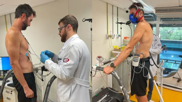 صورتان موضوعتان جنباً إلى جنب تُظهران هوغو وهو موصول بأجهزة 