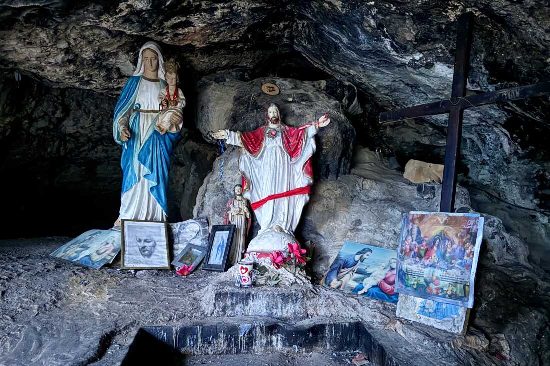 Statues of Jesus and the Virgin Mary in a grotto in Canna, now south Lebanon, where Jesus was believed to have performed his first miracle – turning water into wine. Christians now are a small minority in the mostly Muslim village of Canna.