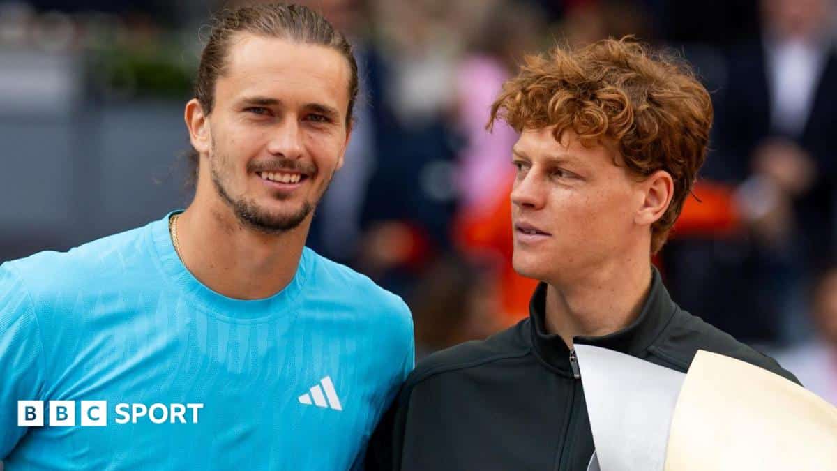 Jannik Sinner and Alexander Zverev on court at Wimbledon ahead of the 2026 men's singles final