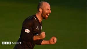 Jack Leach bowling for Somerset as they beat Worcestershire Rapids in the T20 Blast