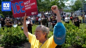 Demonstrators in Biddeford protesting after an ICE agent shot and killed a Colombian motorist