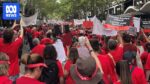 Teachers marching to parliament in central Melbourne during March statewide strike